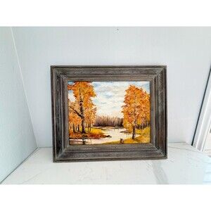 Vintage Original Landscape Oil Painting Wood Framed Art Trees & River Scene